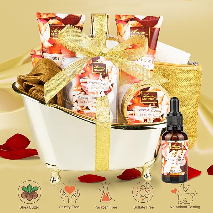 Fresh Rose Scented Spa Gift Set for Him & Her, 10-Piece Collection with Shower Gel, Bubble Bath, Body Lotion, Scrub, Salt, Bombs, Puff, Oil