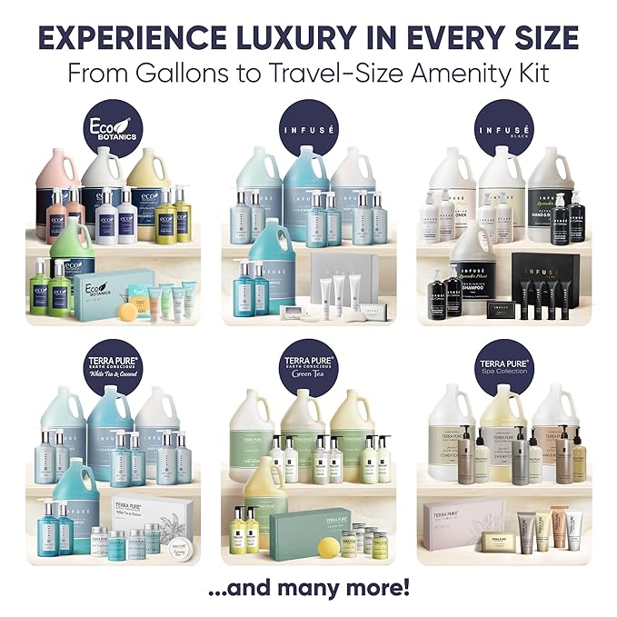 Infuse Black Amenity & Accessory Kit | 1 oz Travel Size Shampoo, Conditioner, Lotion, Body Wash, Body Bar, 2 Cleansing Bar, Shave & Dental Sets, Make-Up Remover Wipes, & Vanity Kit | 1 set per case