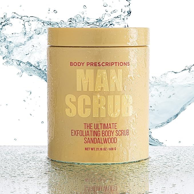 Body Prescriptions Men’s Exfoliating Body Scrub – Ultimate Skin Cleansing Wash in Jar with Twist-Top Lid, For All Skin Types, 21 Ounce (Pack of 1), Sandalwood