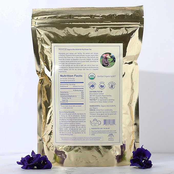 YESTEA 100% USDA Organic Butterfly Pea Flower 4.41 oz (375+ Cups) Small-Batch and Handpicked from Thailand - Non GMO Rich in Antioxidants, Caffeine Free, Vegan, and Gluten Free (4.41 Oz)