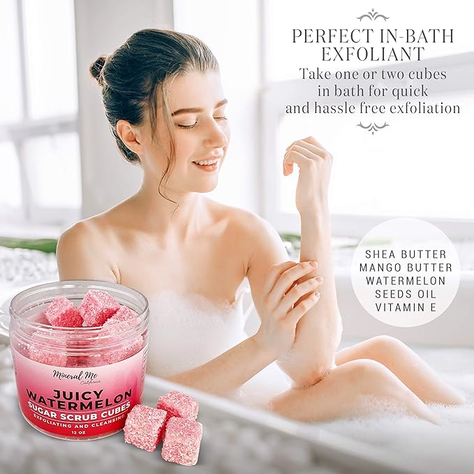 Body Scrub Exfoliator - 12oz WATERMELON Sugar scrub cubes w/Mango Butter & Shea butter- Ultra Hydrating & Moisturizing - All Natural & Organic for all body exfoliation- For hands, arms legs, elbow
