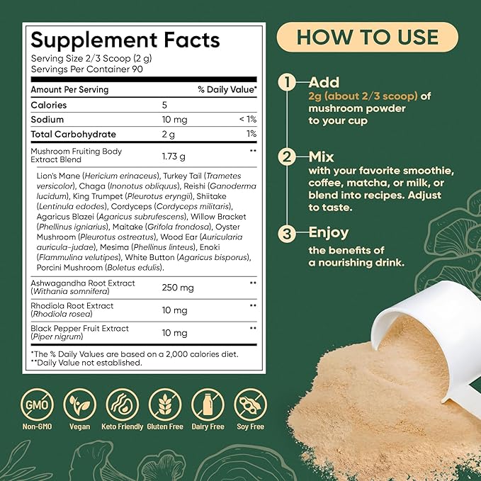 Venture Pal Mushroom Powder & Biotin Gummies Bundle -16 Mushroom Adaptogen Blend with Ashwagandha & Lion's Mane (90 Servings) + Biotin Gummies with Collagen & Keratin (60 Ct)