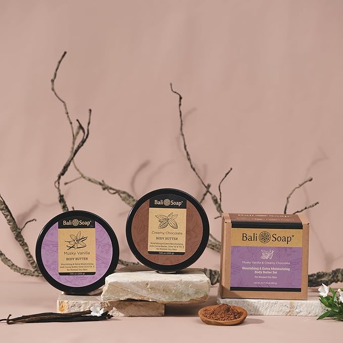 Bali Soap - Musky Vanilla & Creamy Chocolate - Mix Set of 2 - Nourishing and Extra Moisturizing Body Butter For Dry Skin - Enriched with Cocoa Butter, Olive Oil, Aloe Vera and Vitamin E - 7 oz each