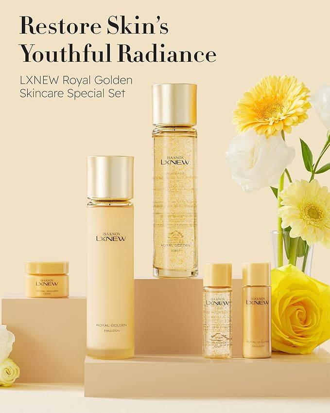 ISA KNOX Royal Golden Skin care Gift Set (11.4fl oz) - Korean Luxury Skin Care for Rejuvenation and Youthful skin. Royal Peptides & Jelly, Niacinamide. Guasha