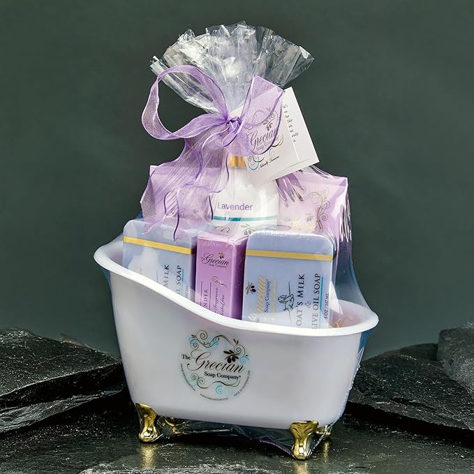 Self Care Gifts for Women, 6pcs Goat Milk & Olive Oil Skin Care Set, Relaxing Gift Basket, Bridal Shower Gifts, Birthday Gifts, Gifts for Mom, Lavender Scent, Handmade in USA