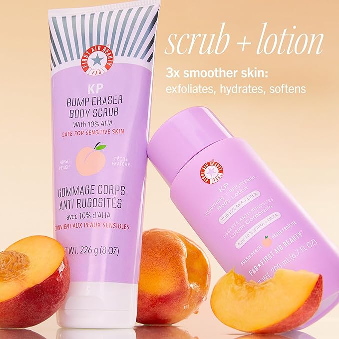 First Aid Beauty - KP Bump Eraser Body Scrub with 10% AHA, Keratosis Pilaris Exfoliator with Glycolic and Lactic acids, Helps Reduce Chicken Skin Bumps, Safe for Sensitive Skin, NEW Peach Scent (2 oz)