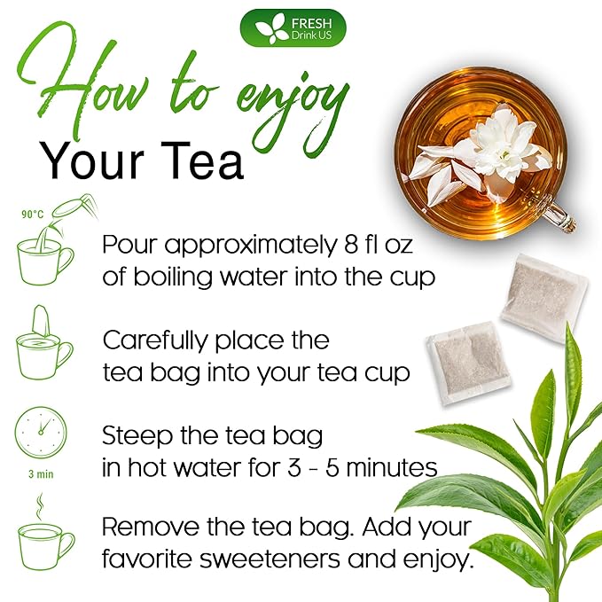 FreshDrinkUS, Premium 40 Jasmine Green Tea Bags, 100% Natural & Pure from Jasmine Green Tea. Jasmine Green Herbal Tea. Made with Natural Material Tea Bags. No Sugar, No Gluten, Vegan.