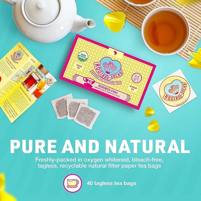 Caffeine Free Chai Rooibos 40 Tea Bags ā Ethically Farmed, USDA Organic Chai Tea Bags - South African Red Bush Caffeine Free Chai Tea in Tagless Teabags - Refreshing, Naturally Sweet Ultra Low Tannin