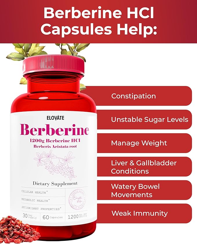 Elovate Berberine HCI Capsules, 1200mg - All-Natural, 3rd-Party-Tested, Non-GMO & Gluten-Free Berberine Supplement for Heart & Digestion, 60 Counts