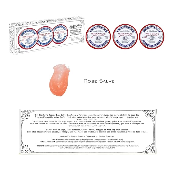 C.O. Bigelow All Purpose Salve Lip Balm Tins, Rose Salve Pack of 3 for Chapped Lips & Dry Skin - Moisturizing Lip, Cuticle 0.8 oz each