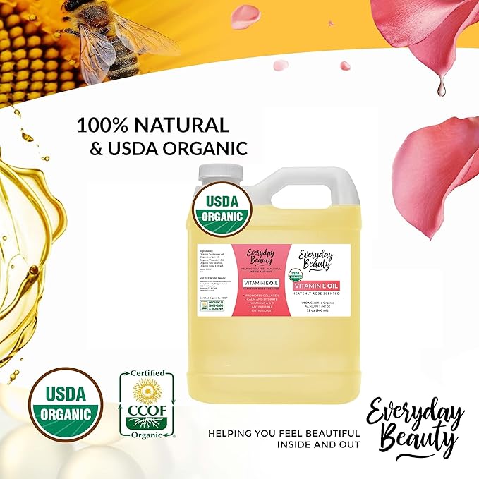 Organic Vitamin E Oil - Bulk 32 oz Heavenly Rose Scented USDA Certified 100% All Natural Plant Based - Light and Rose Scented Great for Scars After Surgery - For Face, Skin and Nails