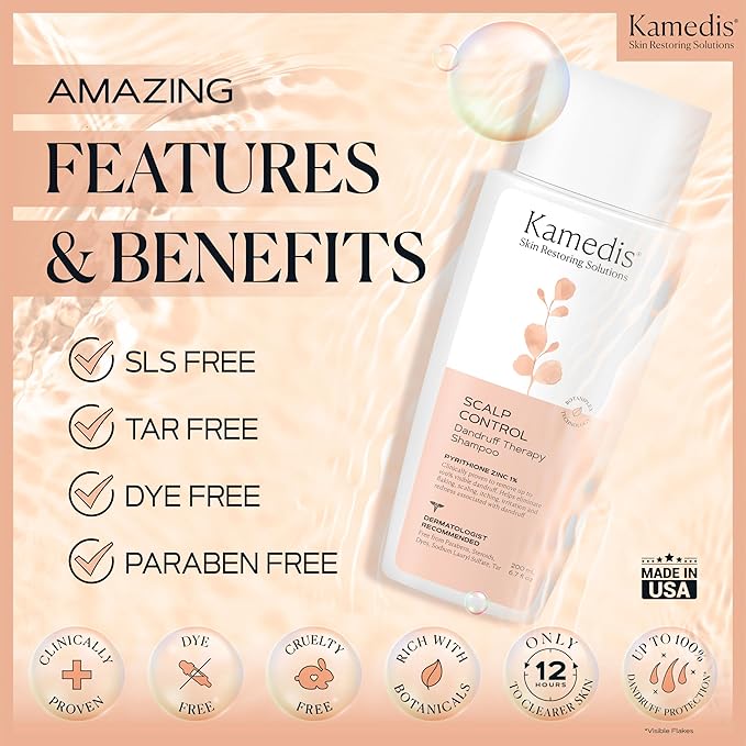 KAMEDIS Scalp Care Set: Clinically Proven Anti Dandruff Shampoo 16.9 Fl.Oz. & Scalp Massager Hair Brush. Gentle Scalp Scrubber Exfoliator and Dandruff Treatment, Suitable for Men & Women