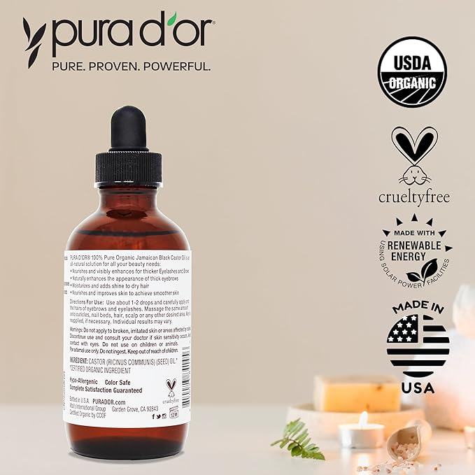 PURA D'OR 4 Oz ORGANIC Jamaican Black Castor Oil - Natural Smoky Scent - 100% Pure USDA Certified Cold Pressed, Hexane Free Eyelash & Eyebrow Serum - For Fuller, Thicker Lashes & Brows - Skin & Hair