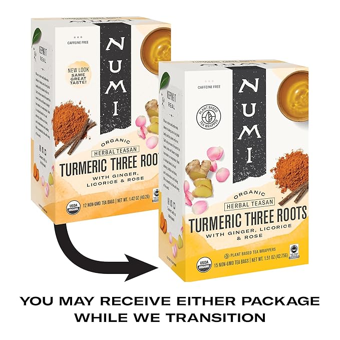Numi Organic Three Roots Turmeric Tea, 12 Tea Bags (Pack of 3) With Ginger, Licorice, Rose, Caffeine Free, Packaging May Vary