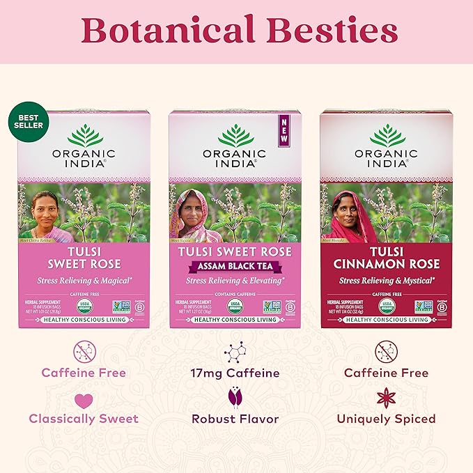 ORGANIC INDIA Tulsi Cinnamon Rose Tea Bags - Tulsi Rose Tea Bags, Cinnamon Tea Bags w/Holy Basil, Chamomile, Caffeine Free - 18 Infusion Bags, 3 Pack