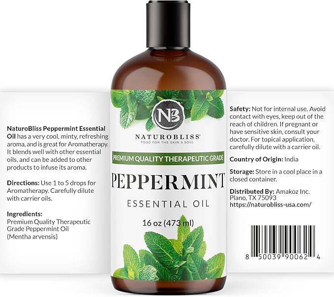 NaturoBliss Peppermint Essential Oil, 100% Pure and Natural Therapeutic Grade, Premium Quality Peppermint Oil, 16 fl. Oz - Perfect for Aromatherapy and Relaxation