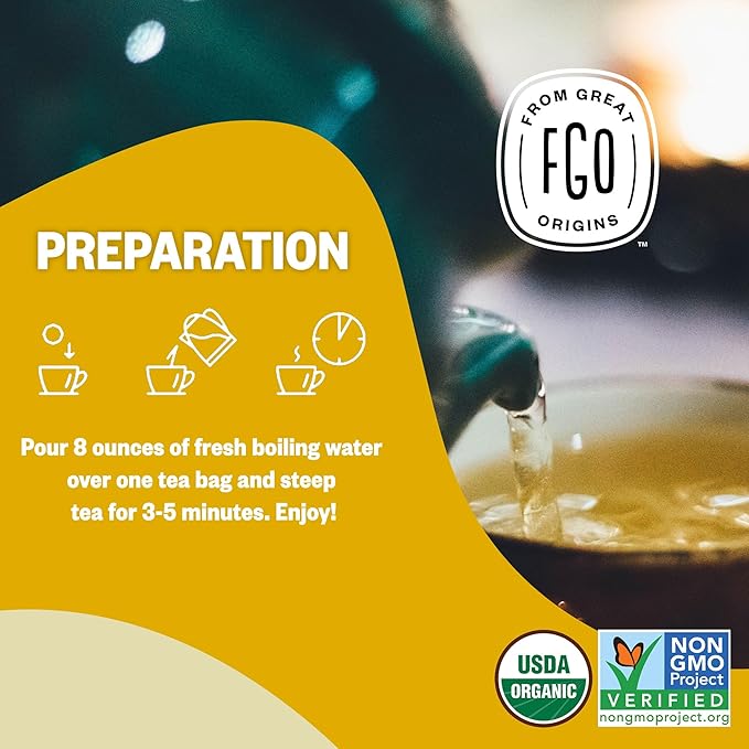 FGO Organic Lemon Ginger Tea, 20 Count, Eco-Conscious Herbal Tea Bags, Resealable Bag, Caffeine Free, Packaging May Vary (Pack of 1)