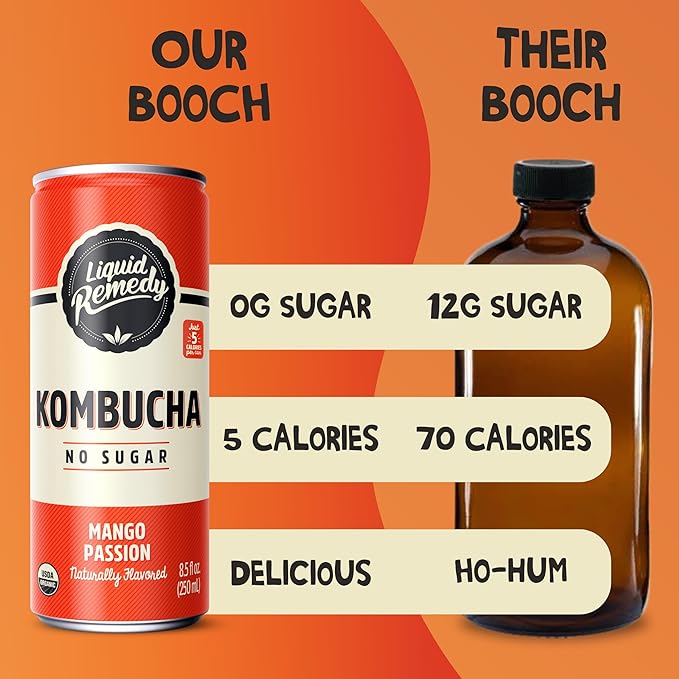 Liquid Remedy Kombucha Sugar Free Organic Drink, Low Calorie, Probiotic Like Tea for Gut Health - Tropical Trio Variety Pack - 8.5 Fl Oz Can, 12-Pack