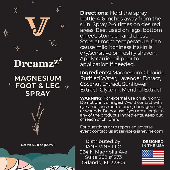 Dreamzzz Magnesium Spray for Feet and Sleep – Blended Formula Magnesium Oil with Lavender & Coconut Oil - Topical Magnesium Body Foot and Leg Spray for Women - Reduced Stickiness - 4.2 oz