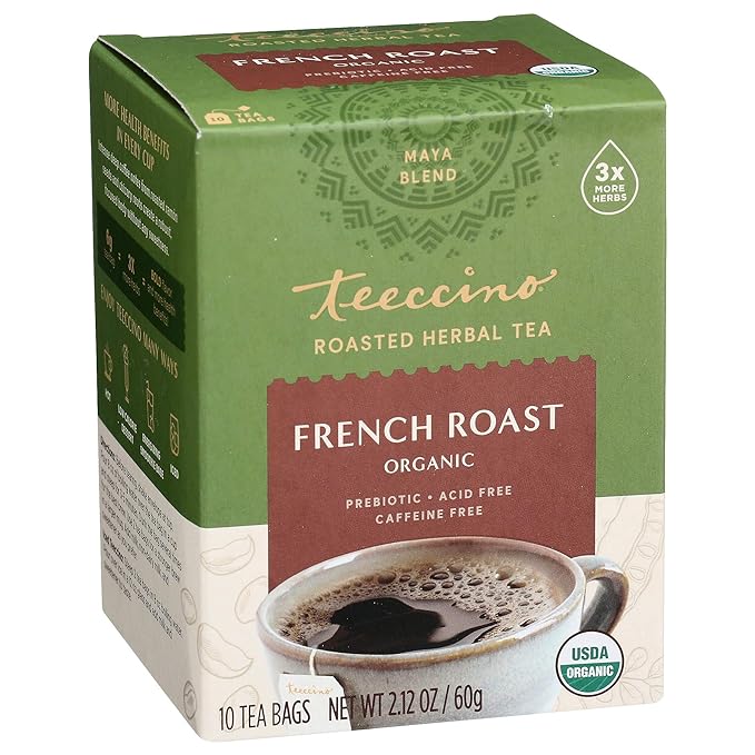 Teeccino French Roast Herbal Tea - Rich & Roasted Herbal Tea That’s Caffeine Free & Prebiotic for Natural Energy, Coffee Alternative, 10 Tea Bags (Pack of 6)
