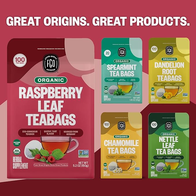 FGO Organic Red Raspberry Leaf Tea, 20 Count, Eco-Conscious Tea Bags, Resealable Bag, Packaging May Vary (Pack of 1)