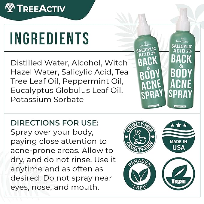 Salicylic Acid Back & Body Acne Spray, Back Acne Solution For Women And Men, Acne Body Spray with Tea Tree Oil, Fast-Drying Back Acne Spray, Fine Mist, Back Acne Treatment Spray, 4 fl oz, 2-pack
