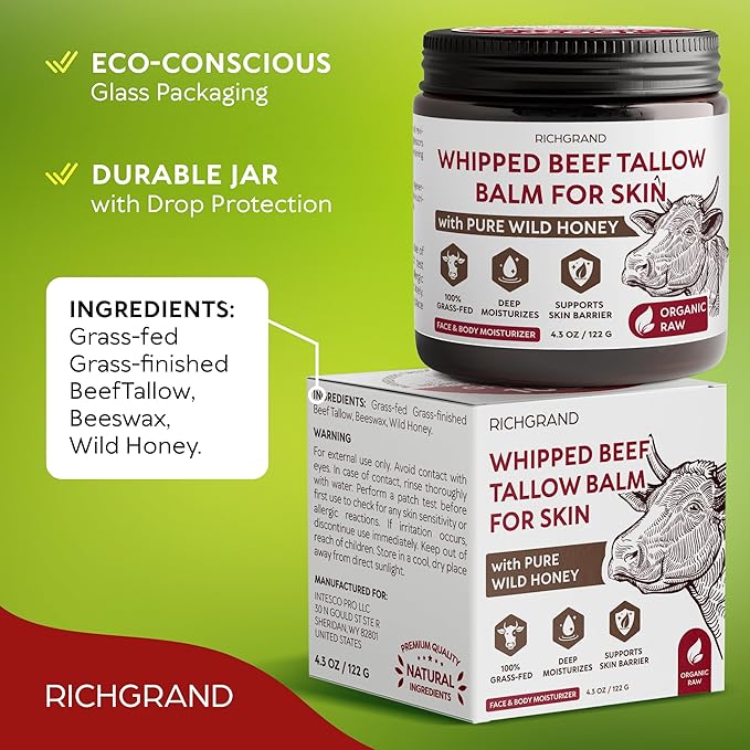 Beef Tallow for Skin - Whipped Grass-Fed Moisturizer with Wild Honey & Beeswax, Natural Face & Body Care, Deep Hydration, Anti-Aging, Sensitive Skin Safe, 100% Organic Balm