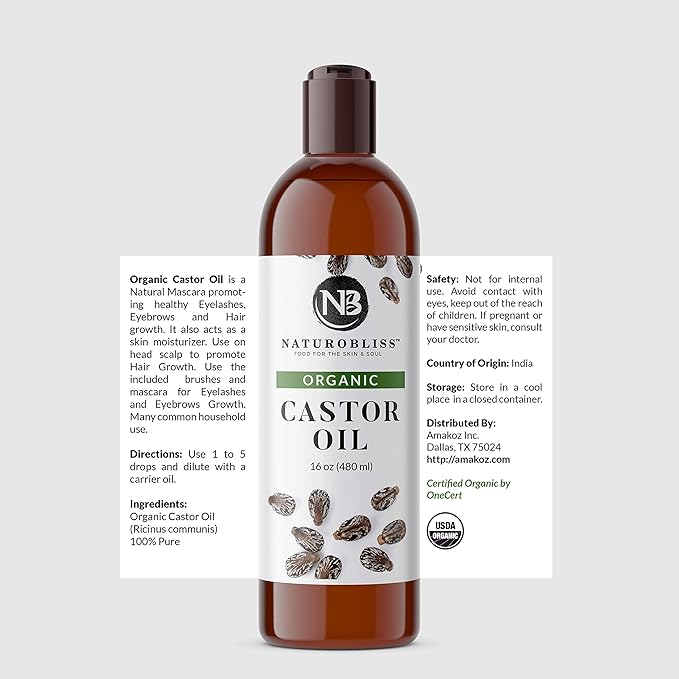 NaturoBliss Organic Castor Oil 100% Pure and Natural Premium Grade for Hair Growth, Eyelashes and Eyebrows - Carrier Oil - Hair and Body - Expeller-Pressed & Hexane-Free (16 Fl Oz)