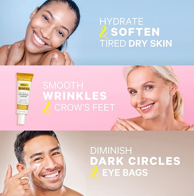 LILY SADO MILK+MANUKA™ Eye Repair Cream - Anti-Aging Natural Gentle Formula w/Coconut Milk, Manuka Honey, Sodium Hyaluronate & VITS C, B5 & E - Prevents Puffiness, Under-eye Wrinkles & Eye Bags - 1oz