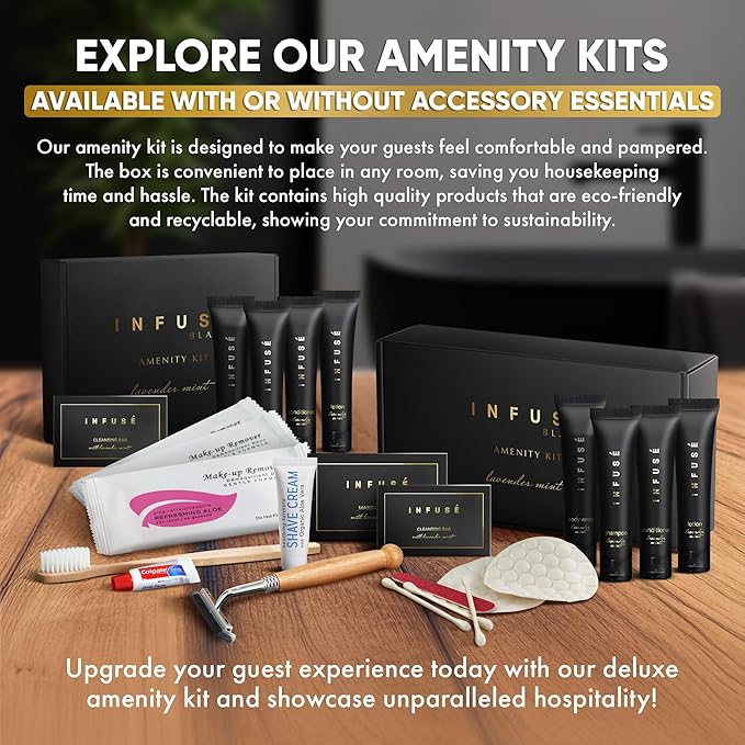 Infuse Black Amenity & Accessory Kit | 1 oz Travel Size Shampoo, Conditioner, Lotion, Body Wash, Body Bar, 2 Cleansing Bar, Shave & Dental Sets, Make-Up Remover Wipes, & Vanity Kit | 1 set per case