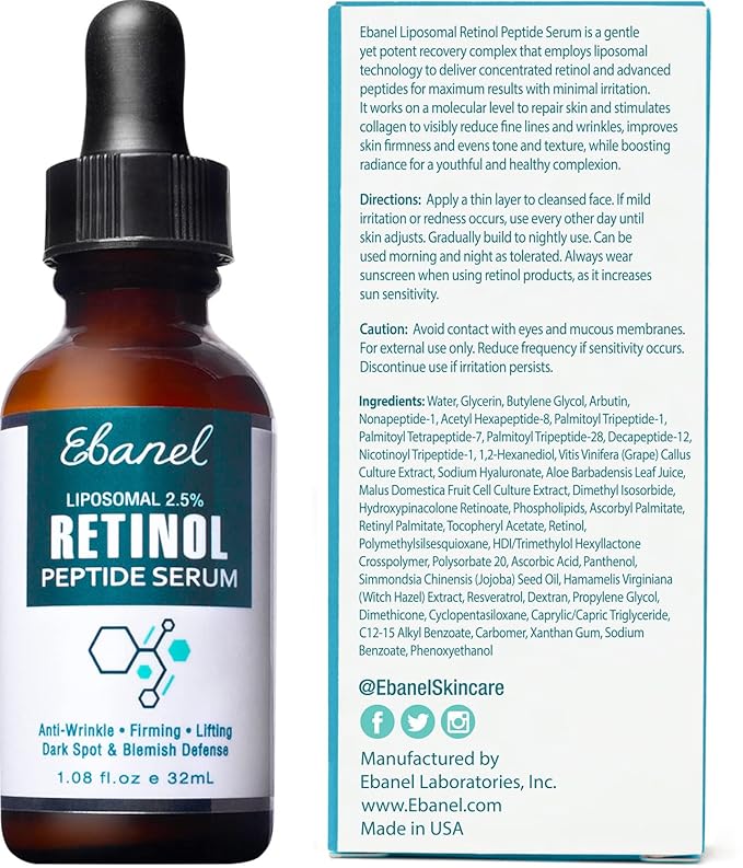 Ebanel Liposomal 2.5% Retinol Serum for Face with Hyaluronic Acid, Peptide, Vitamin C, Pore Minimizer Skin Tightening, Anti Aging Serum, Minimizes Wrinkles, Fine Lines, Age Spots
