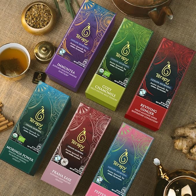 Tรฉrapy Ceylon CHAMOMILE TEA | USDA Organic Herbal Tea Bags | 100% Natural Ayurvedic Ingredients including Organic Chamomile, Ashwagandha, Cinnamon & Licorice| 20 Individually Wrapped Tea Bags