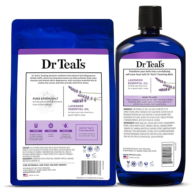 Dr Teal's Pure Epsom Magnesium Salt Soak and Foaming Bath, Soothe & Sleep with Lavender Essential Oils, Duo Pack