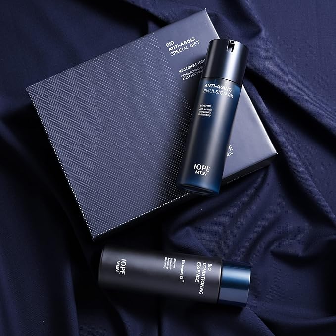 IOPE MEN BIO Anti-aging & Moisturizing Set, Cleanser, Emulsion, Conditioning Essence Serum and Soothing Aftershave, HOMME Korean Skincare by Amorepacific