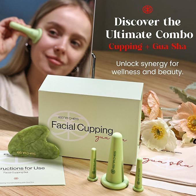 Rena Chris Facial Cupping Set & Gua Sha Facial Tool - Silicone Cupping Set & Jade Gua Sha Stone - Face Cupping Therapy Set for Natural Skin Care, Puffiness, Lip Plumping(Green)