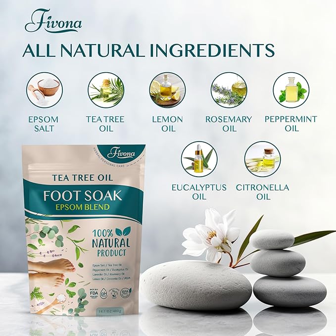 Fivona Foot Care Kit 4 in 1 - Foot Soak Blend with Epsom Salt, Tea Tree and Essential Oils - Collapsible Foot Soak Basin - 42% Urea Cream for Hard, Calloused Skin - Dual Action Foot File