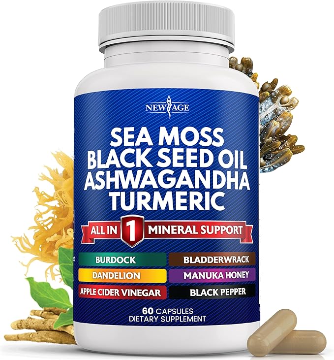 NEW AGE Sea Moss Black Seed Oil Ashwagandha Turmeric Bladderwrack Burdock - with Manuka, Honey Dandelion, ACV Black Pepper Gluten Free