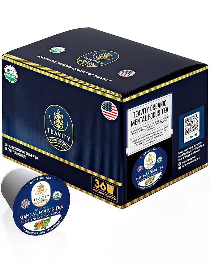 Organic Tea Pods with Moringa, Peppermint, Holy Basil & Turmeric - Naturally Decaf Tea - Mental Focus by Teavity (36 Tea Pods)