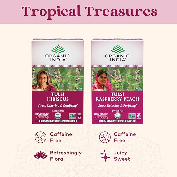 ORGANIC INDIA Tulsi Hibiscus Tea Bags - Holy Basil Herbal Tea, Stress Relieving, Calming, Immune Support, USDA Organic, Caffeine Free -18 Bags, 3 Pack