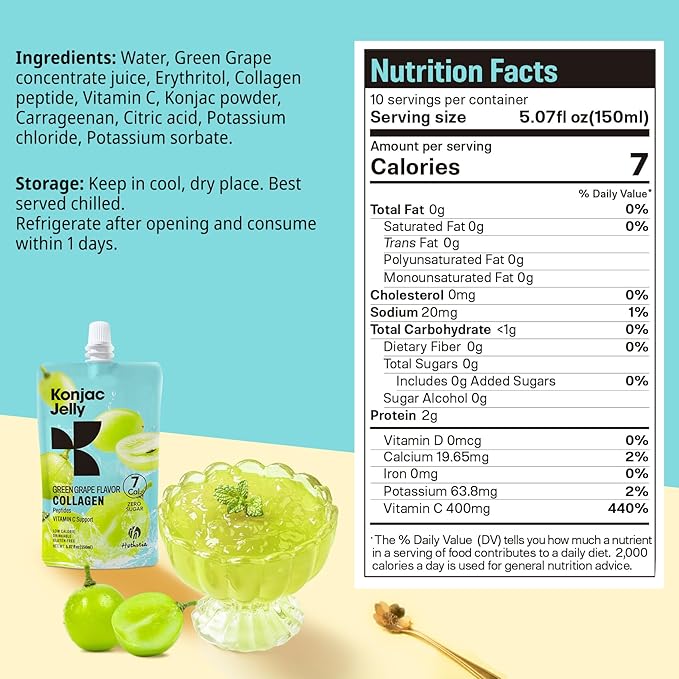 Konjac Jelly Green Grape Flavor with Collagen Peptides 10 Packs and Konjac Noodles Variety Gluten Free 12 Packs Low Calorie, Keto, Sugar Free, Healthy Food