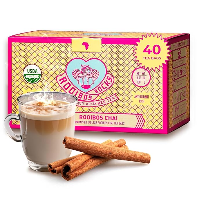Caffeine Free Chai Rooibos 40 Tea Bags ā Ethically Farmed, USDA Organic Chai Tea Bags - South African Red Bush Caffeine Free Chai Tea in Tagless Teabags - Refreshing, Naturally Sweet Ultra Low Tannin