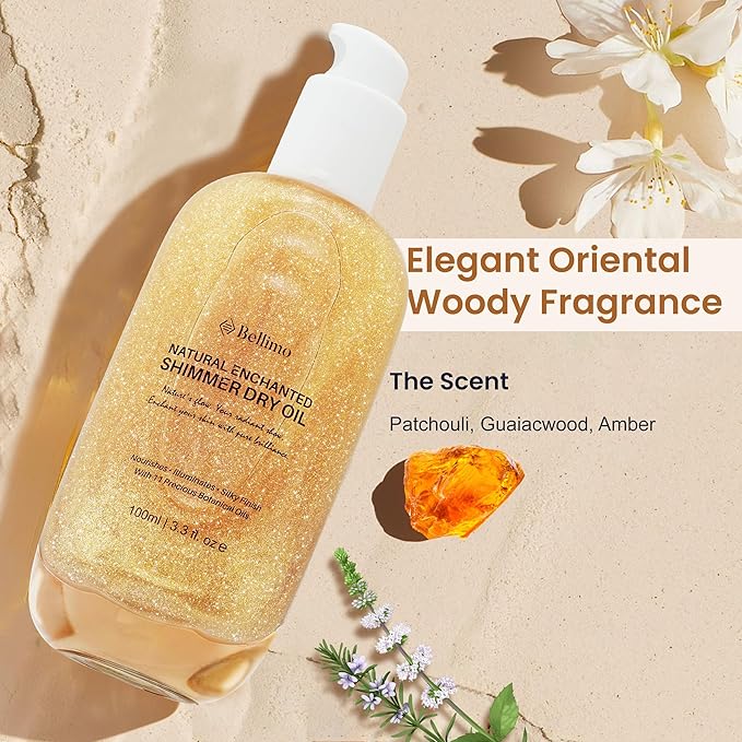 Body Shimmer Oil, Multi-Purpose Shimmer Radiance Body Oil, Rose Gold Body Glow Oil with Natural Ingredients & Mica Particles, Body Glitter Oil for Face, Body & Hair, Enhances Dark Tones & Tans