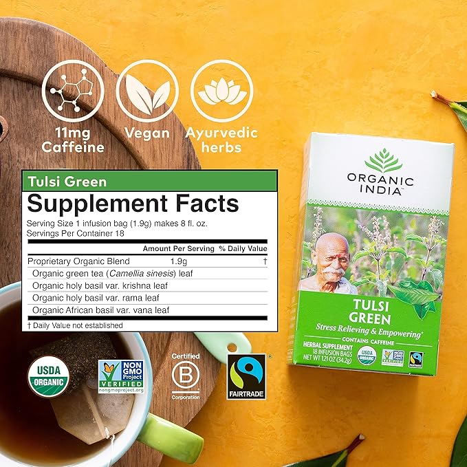 ORGANIC INDIA Tulsi Green Tea Bags - Holy Basil Tea, African Basil, Stress Relieving, Immune Support, USDA Certified Organic, Premium Darjeeling Green Tea, Caffeinated - 18 Infusion Bags, 1 Pack