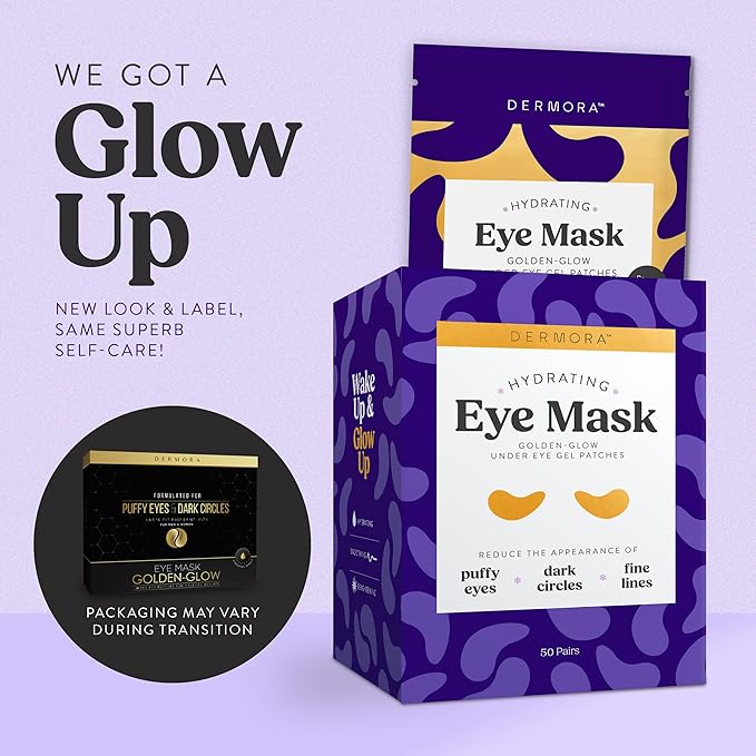 DERMORA Golden Glow Under Eye Patches (50 Pairs Eye Gels) - Rejuvenating Treatment for Dark Circles, Puffy Eyes, Refreshing, Revitalizing, Travel, Wrinkles
