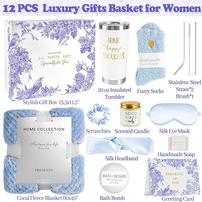 Get Well Gifts for Women, Thinking of You Gift Basket, Relaxing Spa Self Care Package with Blanket, Unique Luxury Birthday Idea for Mom Her Best Friends Sister Wife