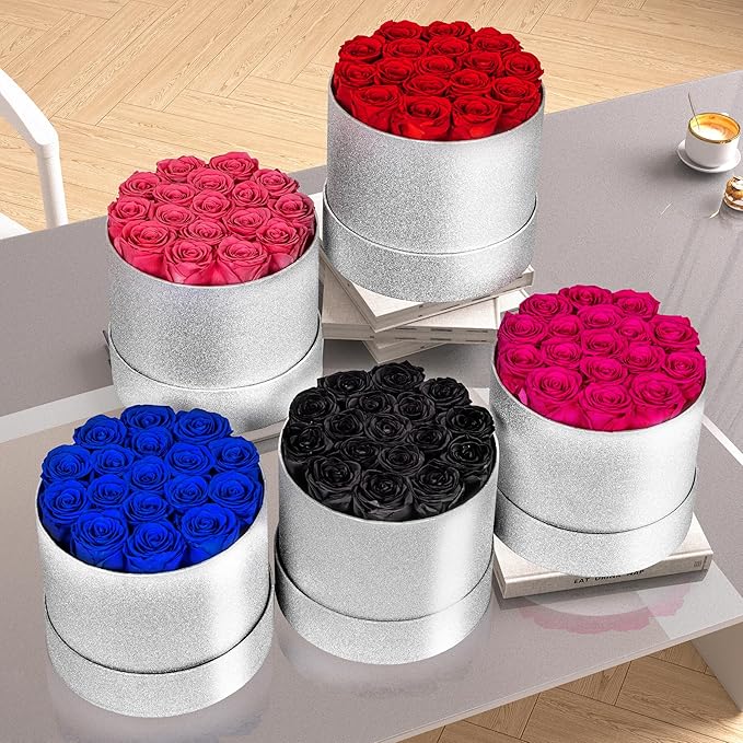 17 Hot Pink Flowers in Glitter Box, Birthday Gifts for Women, Preserved Flowers, Mothers Day Roses Gift for Mom