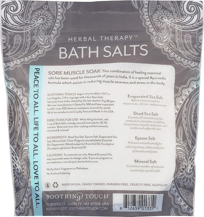 Soothing Touch Tension Relief Sore Muscle Soak Bath Salts Eucalyptus Clove & Peppermint, 32 Oz