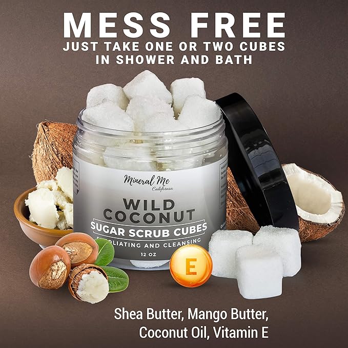 Body Scrub Exfoliator - 12oz COCONUT Sugar scrub cubes w/Mango Butter & Shea butter- Ultra Hydrating & Moisturizing - Natural & Organic for all body exfoliation- For hands, arms legs, elbow & foot