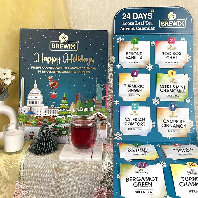 BREWIX, Tea Advent Calendar 2024 | 24 Loose Leaf Teas - Luxury Gift Box | Selection of 24 Delightful Black/Green Teas and Infusions | Christmas Gift Idea for Men and Women