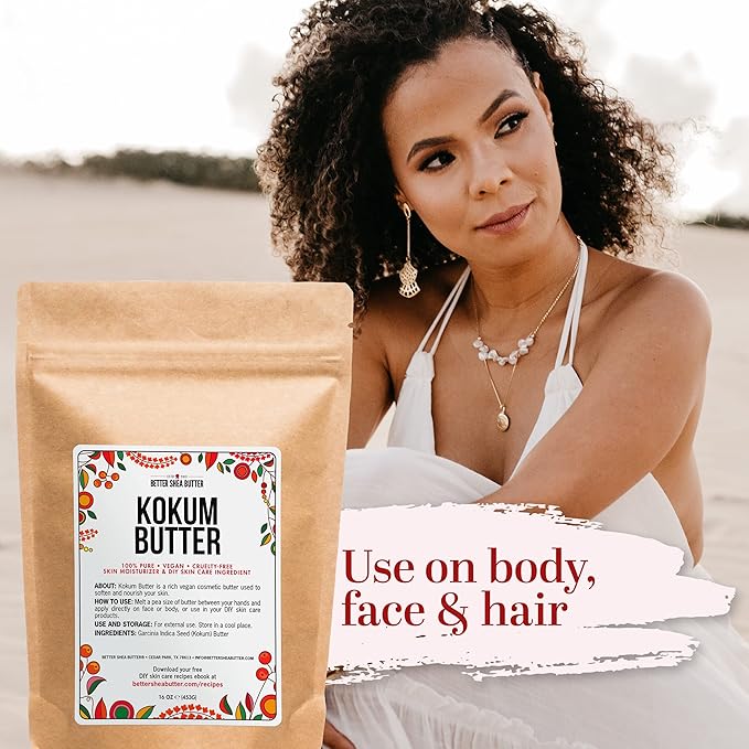 Raw Kokum Butter Unrefined - Body Butter Bar for Soap Making and DIY Skin and Hair Care Products - Pure, Unscented Moisturizer for Lotion Base - 8 oz Block